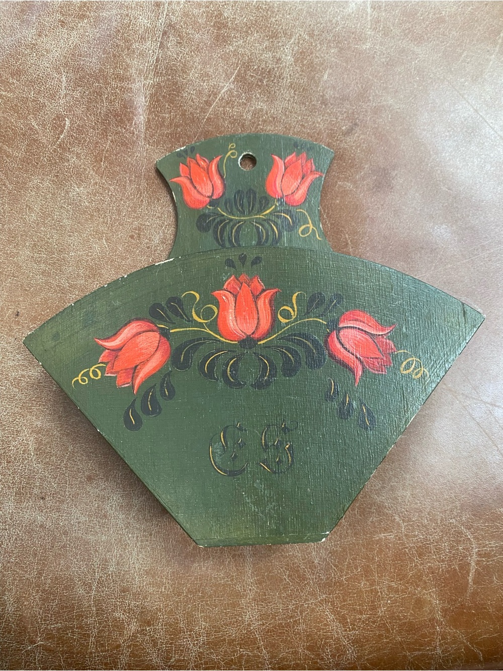 Vintage HandPainted Cone Coffee Filter Holder Green Floral Wooden Wall Decor - Picture 3 of 11